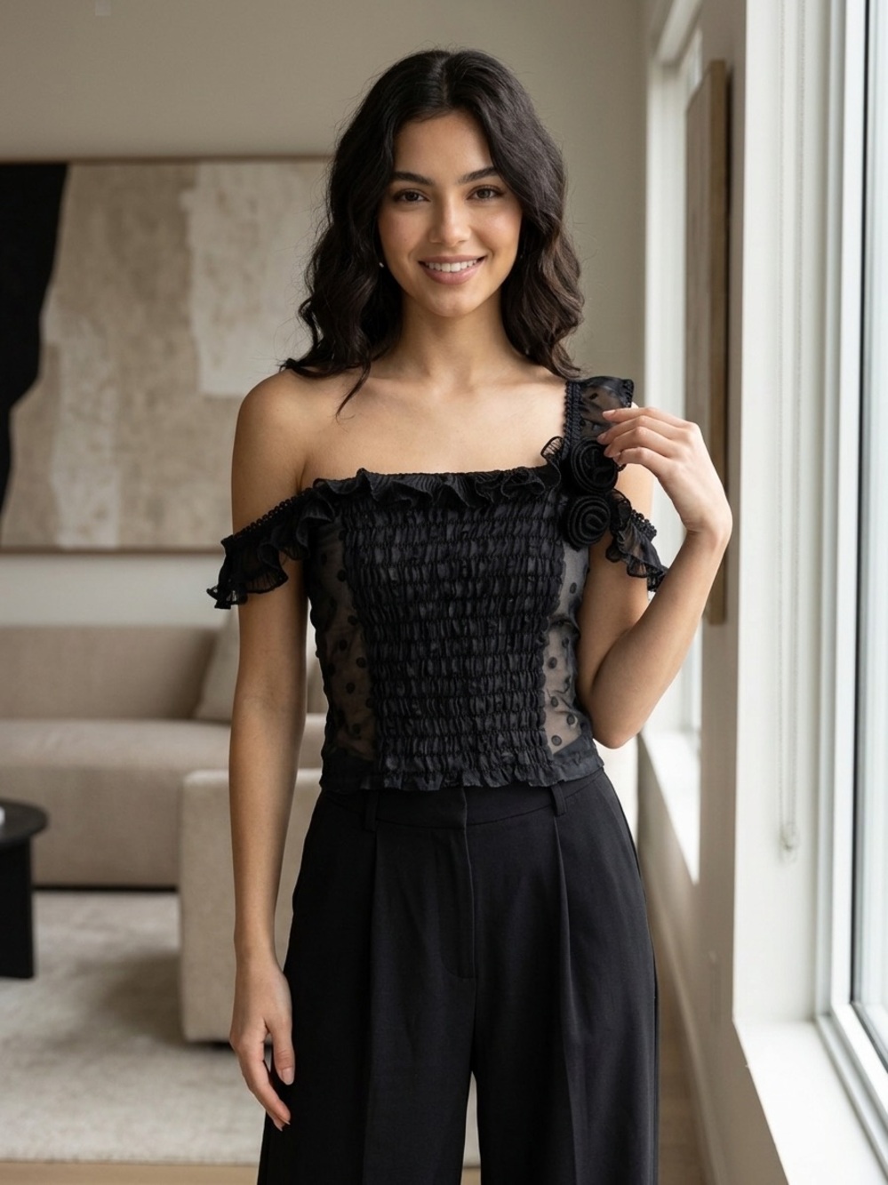 Lucy Black Top with Purple Logo Stitching